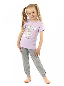 Комплект детский (футболка/брюки), с принтом, цвет сиреневый/серый меланж