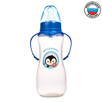 Бутылочка для кормления "Пингвиненок Рокки"250 мл приталенная, с ручками, цвет синий 2969821